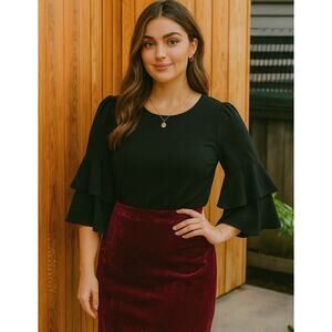 W5 Anthropologie Bell Sleeve Top Black Small Boho Feminine Parisian Coquette